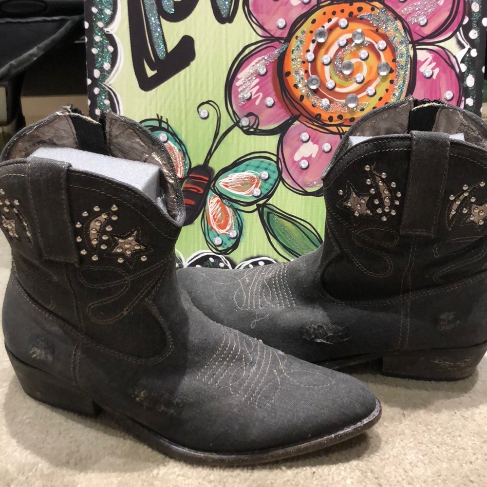 Vintage black denim fabric cowgirl boots. Studs